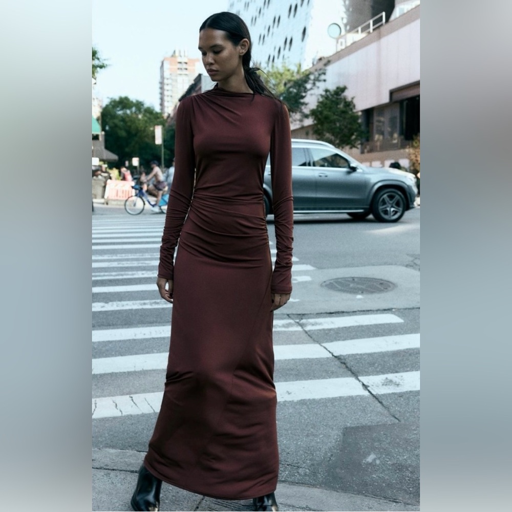 Zara Chocolate Draped Long-Sleeve Maxi Dress